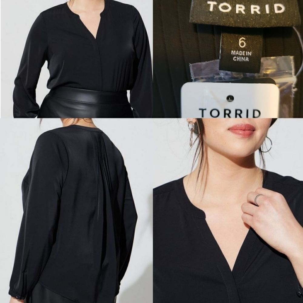 NEW 6X TORRID SILK FEEL V BLACK CREPE STUDIO LONG SLEEVE TUNIC BLOUSE TOP NWT